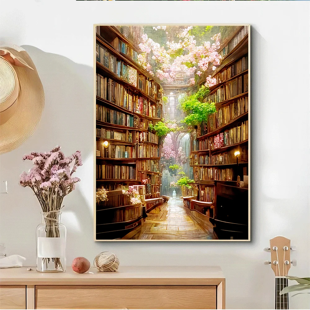 Un grande puzzle da 1000 pezzi con una libreria fantasy e un design di fiori di ciliegio, perfetto per adulti e famiglie da goderti