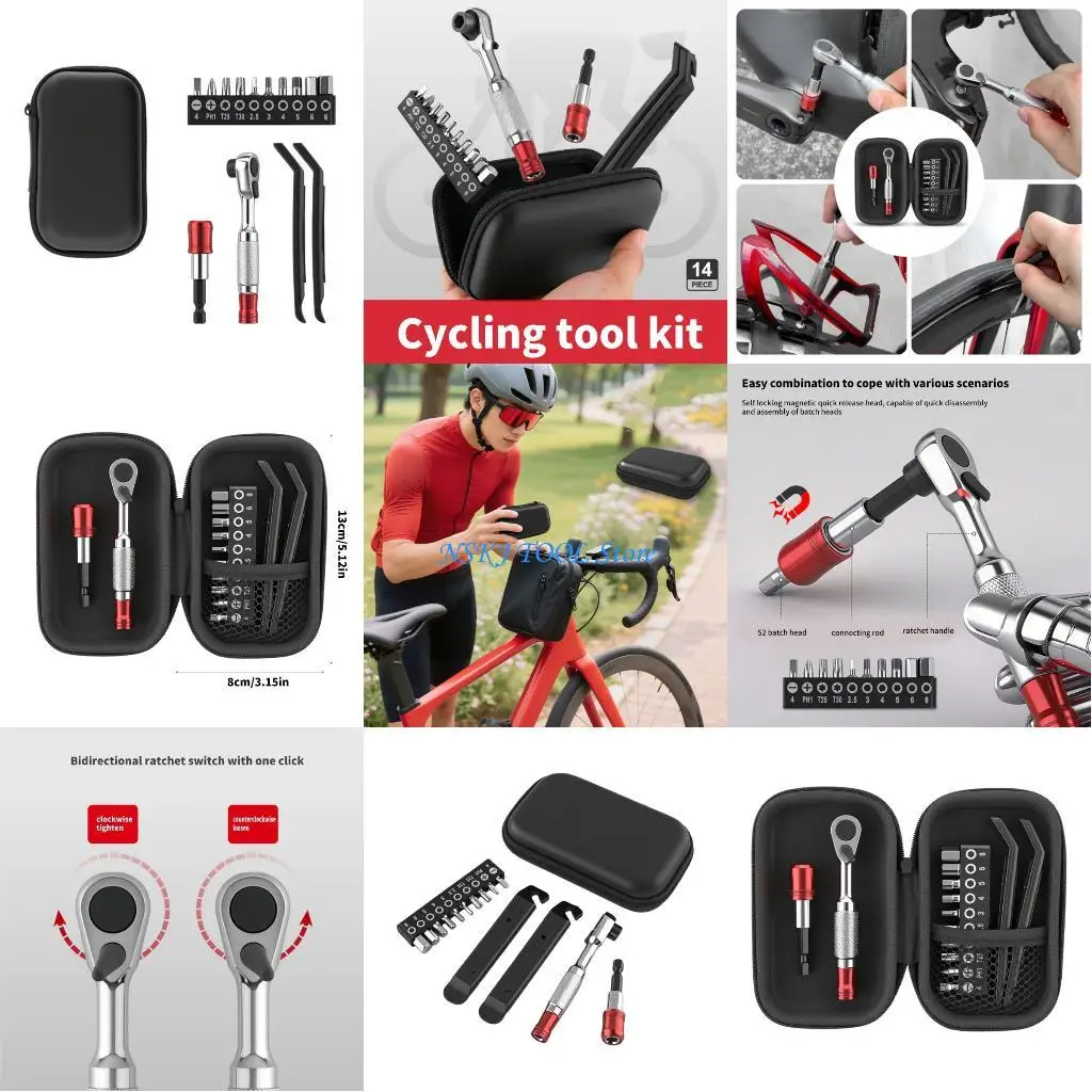

L8RC 14 шт. Набор инструментов для ремонта велосипеда Многофункциональный набор для обслуживания велосипеда с храповым ключом с