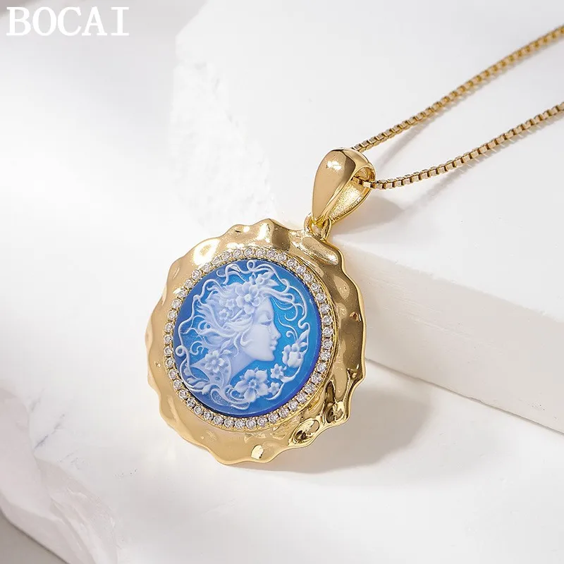 

BOCAI S925 Sterling Silver Charms Pendants for Women Men New Fashion Contrast Colored Goddess Inlaid Blue Agate Zircon