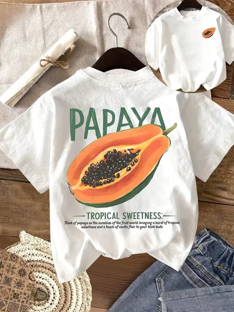 Women's T-shirt with Tropical Papaya Passion Fruit Lemon Fruit Graphic,Front & Back Print Crew Neck Top Summer Daily Wear