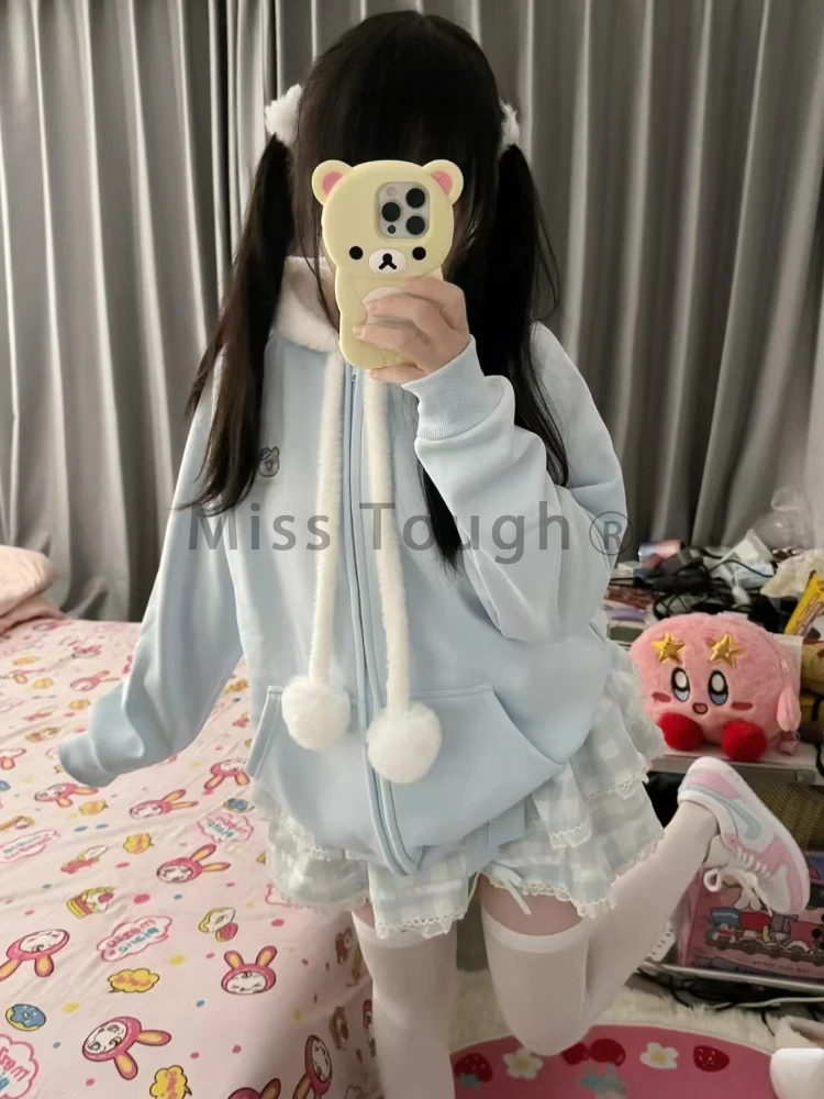 Autumn Winter Kawaii Loose Long Sleeve Coat Women Design Cute Embroidery Zipper Hoodie Female Japanese Sweet Blue Hooded Coat