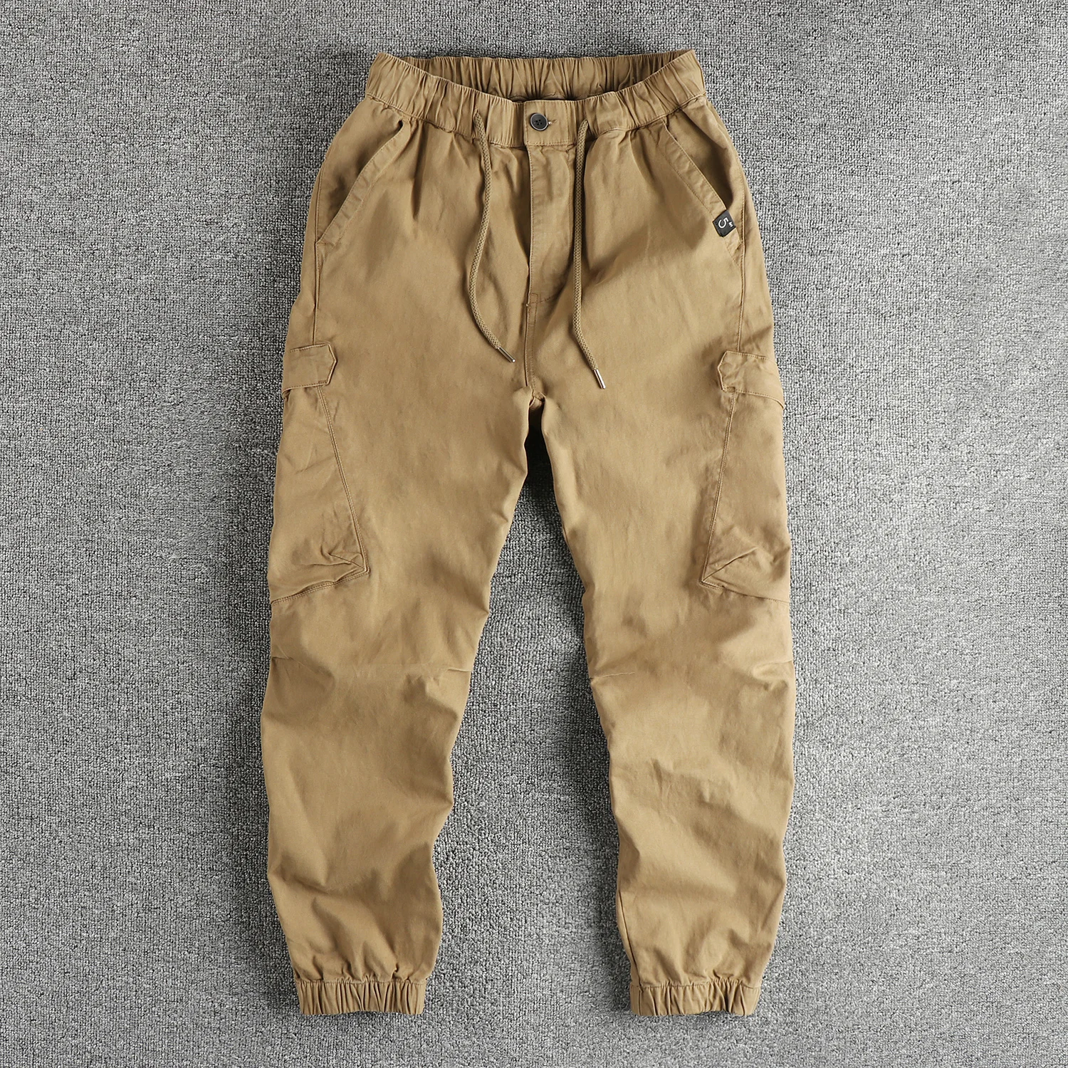 Autumn New American Retro Woven Cargo Pants Men's 98% Cotton Washed Elastic Waist Drawstring Loose Casual Anke-tied Trousers