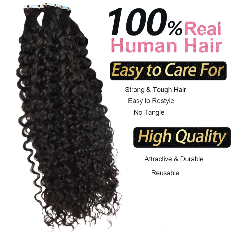 #1B Deep Curly Tape in Hair Extensions 100% Human Hair Seamless Skin Weft Hair invisible Natural Black Hair Bundles 30inch