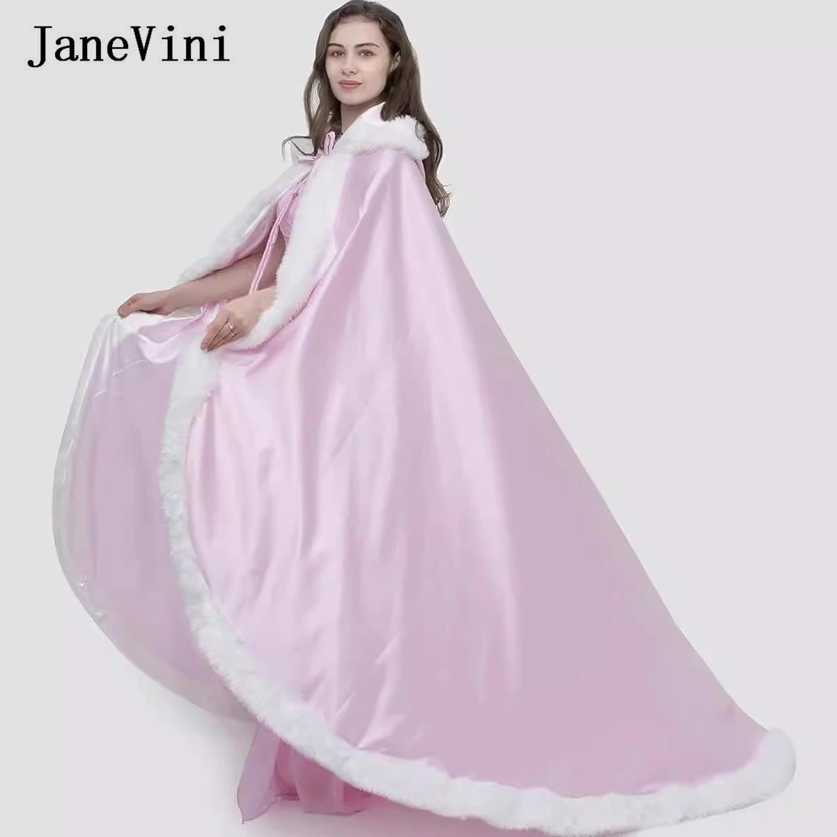 

Зимнее теплое свадебное пальто-накидка JaneVini из искусственного меха с капюшоном, длинное, с шлейфом, для невесты, шаль, атласное меховое болеро, жакет