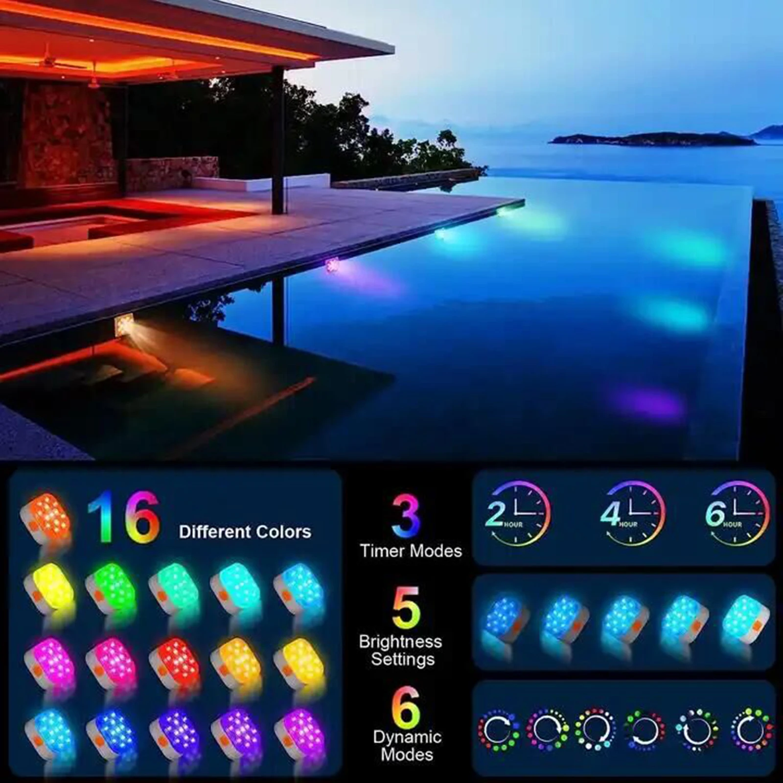 ZK30 2pcs  LED Pool Light IP68 Waterproof Bathtub Light Dimmable Fountain Light with Remote Control 16 Colors Light 6 Modes