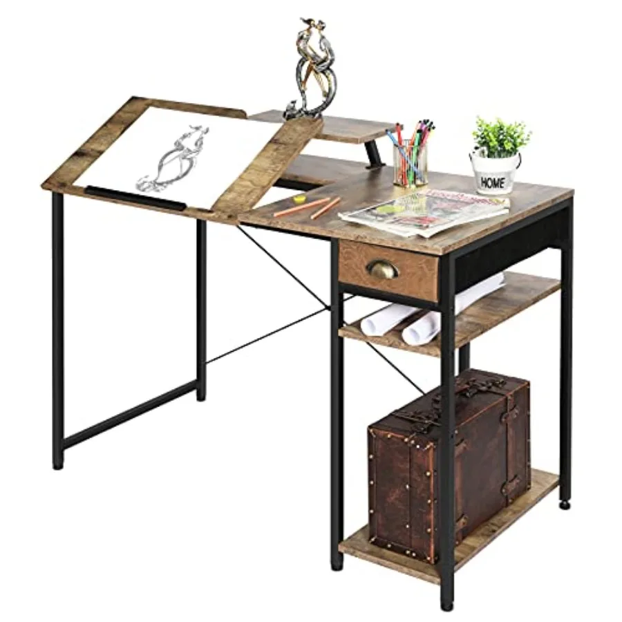 

Drafting Table with Storage Shelves and Drawer 43" Adjustable Art Desk with Monitor Stand for Home Office Computer Tiltable Dra