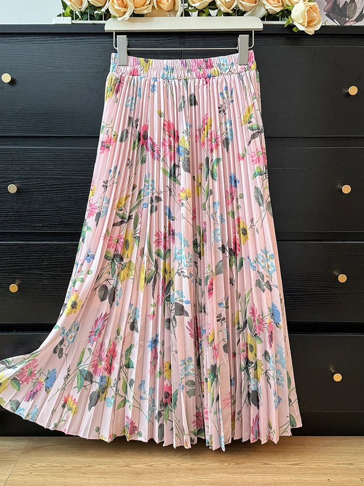 Vintage Floral Printed Tulle Pleated Mi-long Women Skirts High Waist Loose Female Umbrella Skirts Spring Summer