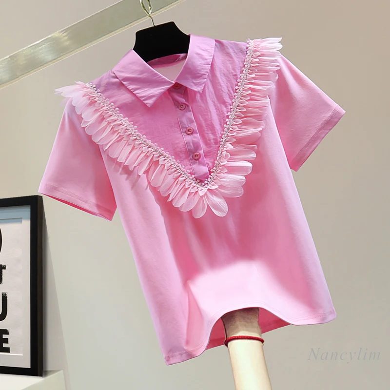 Petal Lapel Short-sleeved T-shirt Ladies 2025 Summer Korean Version Lace Splicing Pink Top Tees