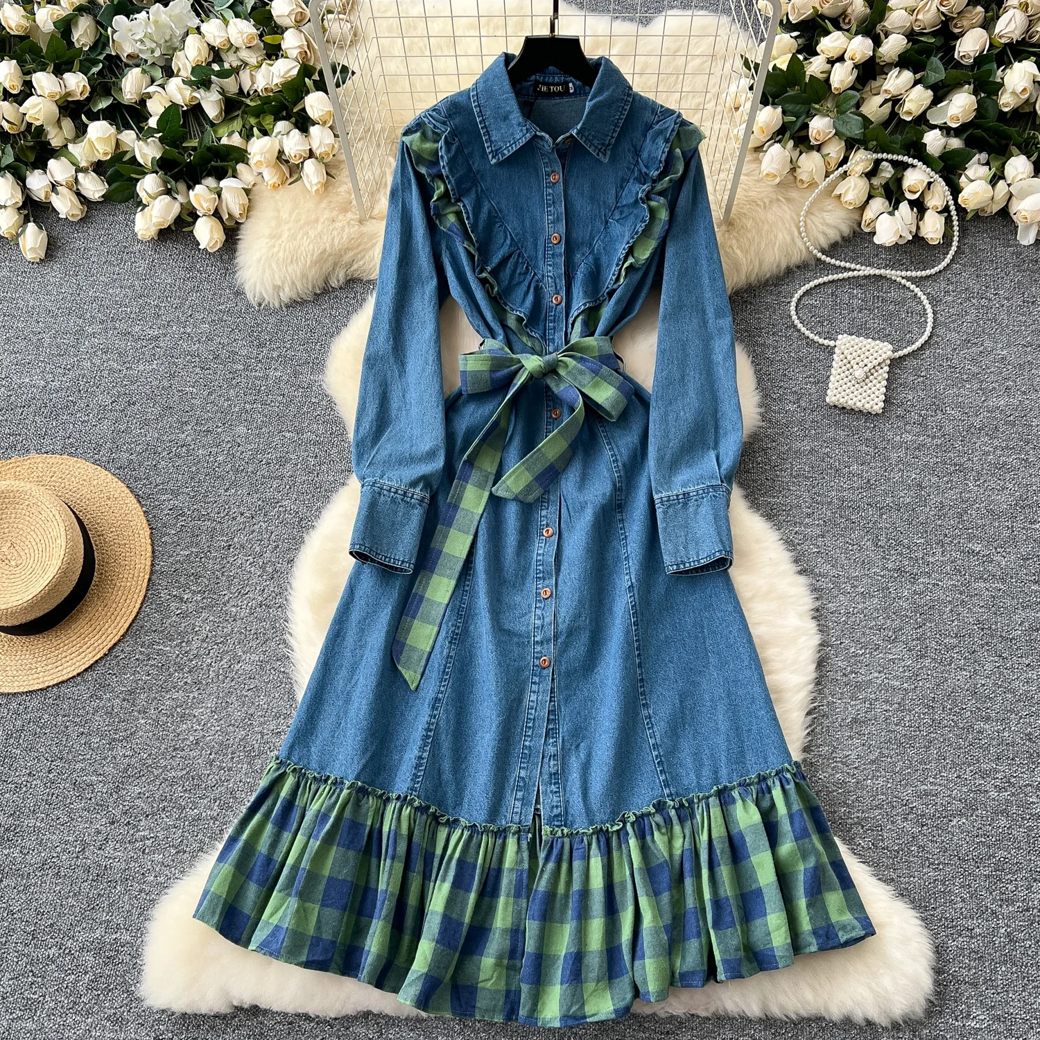 

Clothland Women Elegant Denim Patchwork Dress Ruffles Long Sleeve Sashes One Piece Blue Retro Midi Dresses Vestido QD834