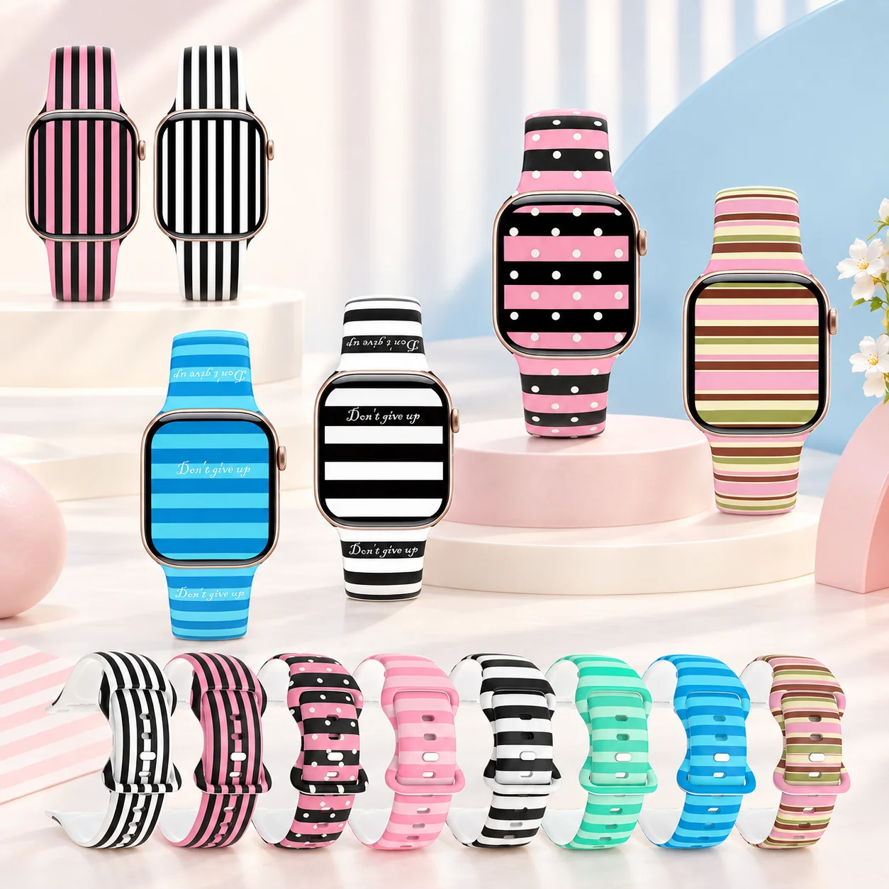 Striped Watch band for Apple Watch 40/41/42/44/45/46/49mm, cute and soft silicone strap, for iWatch Series12 11 10 987 654 SE