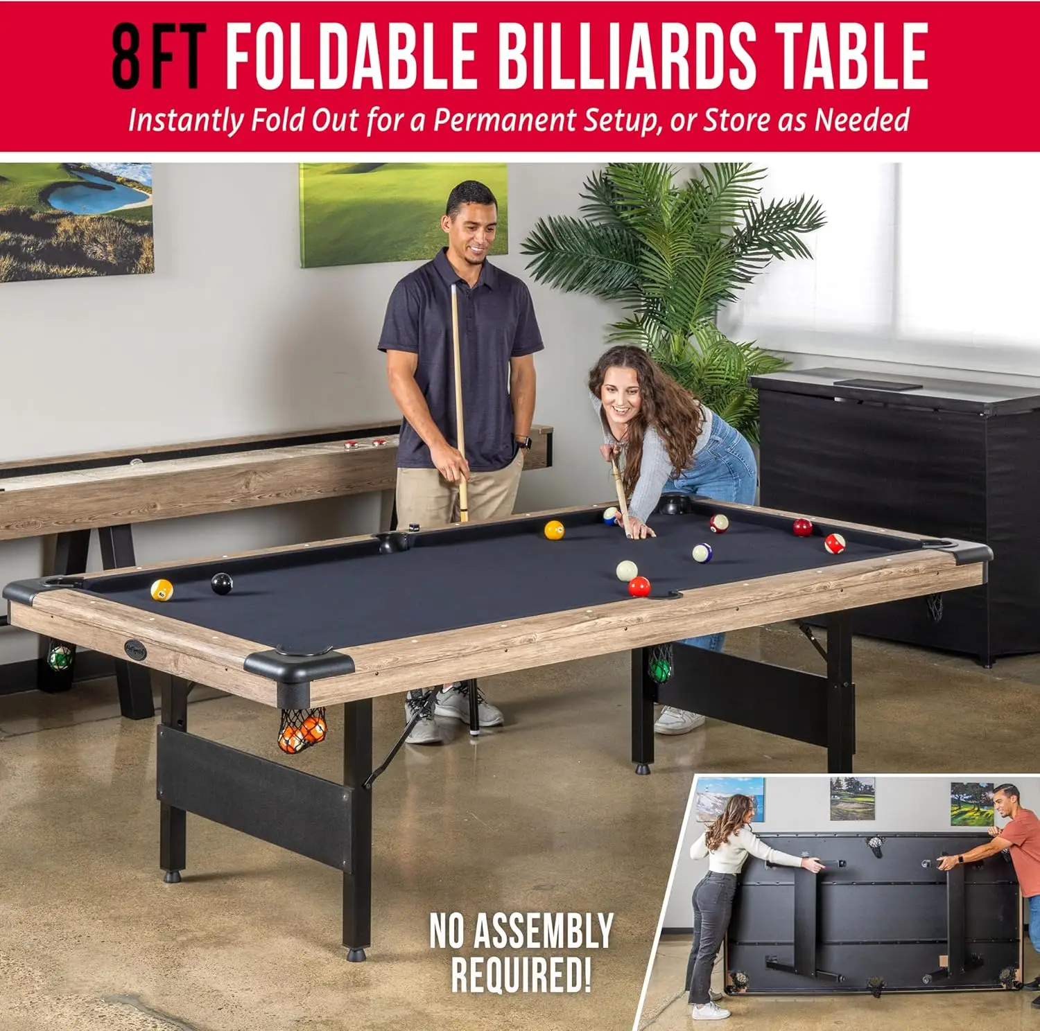 7 or 8 ft Portable Pool Table - No Assembly Required Folding Billiard Table