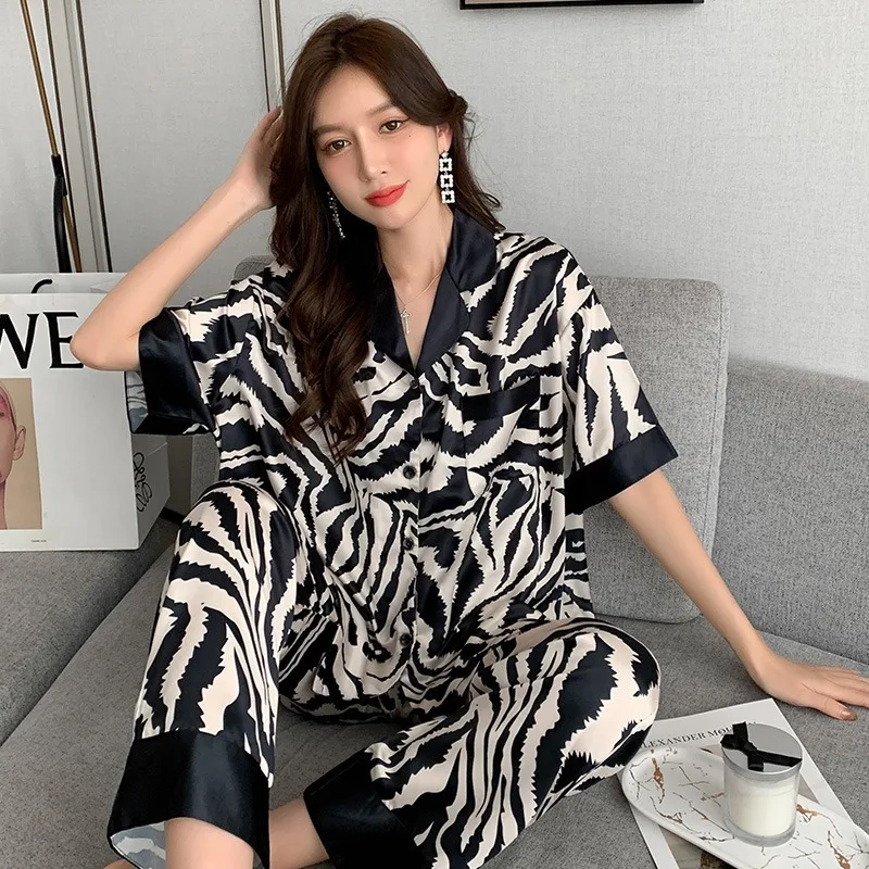 

New Fashionable Women's Pyjama Set Summer Zebra Print Ice Silk Short-Sleeved Top and Long Trousers Ladies' Homewear Set