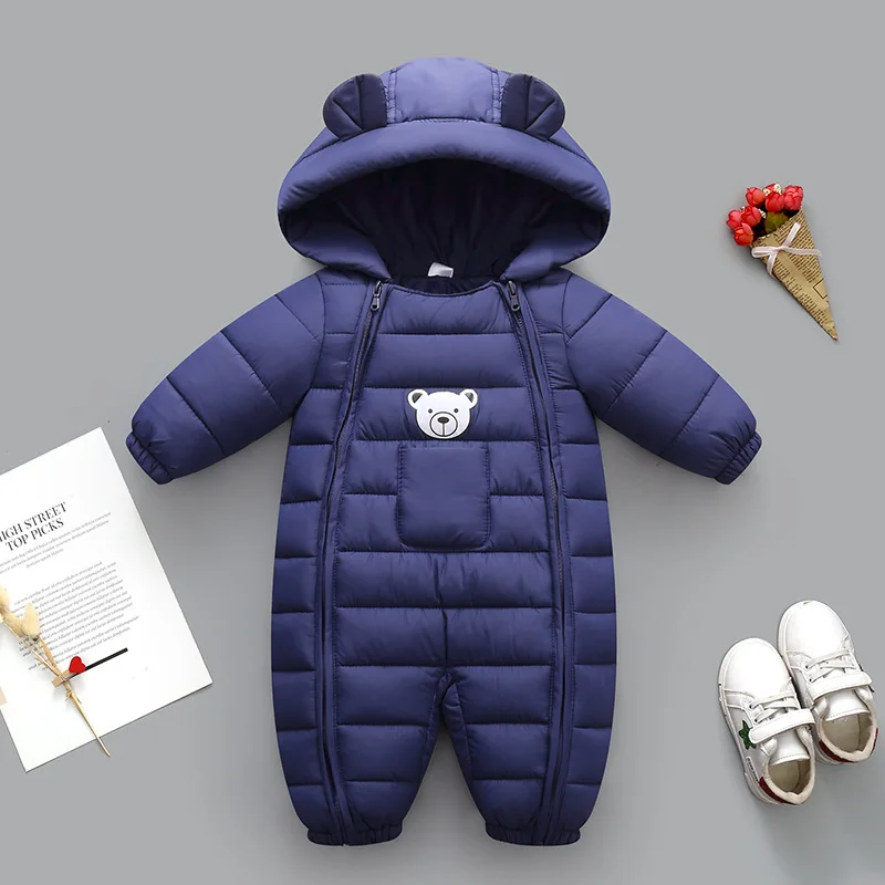 

2024 Baby winter down jumpsuit newborn boys and girls cartoon bear thick hooded outdoor windproof and warm jumpsuit