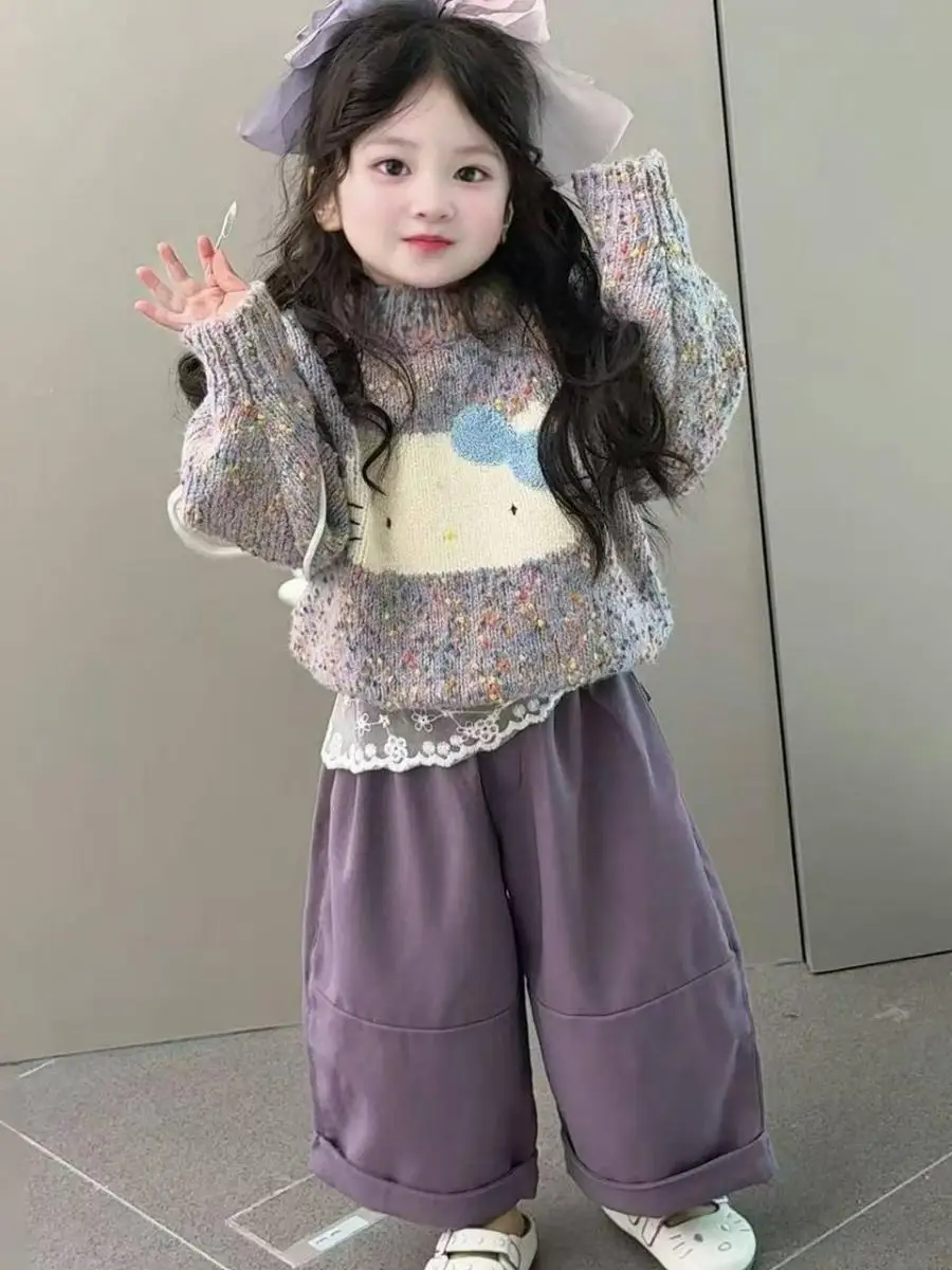 

Милый вязаный кружевной комплект с широкими брюками для девочек: осенний очаровательный детский наряд, длинный топ и брюки в комплекте