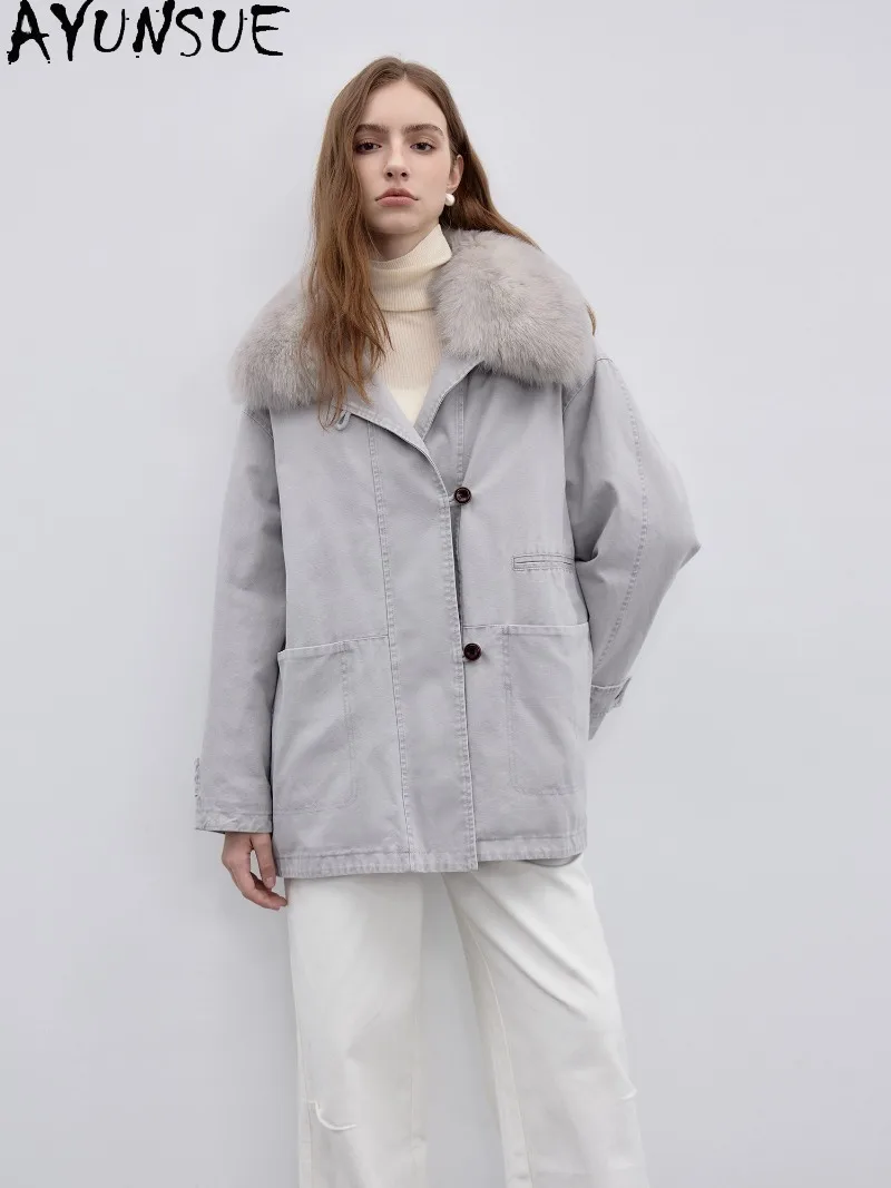 AYUNSUE Female 90% White Goose Down Coat Natural Fox Fur Collar Clothes Mid-Length Parka Square Collar Women Winter Clothing