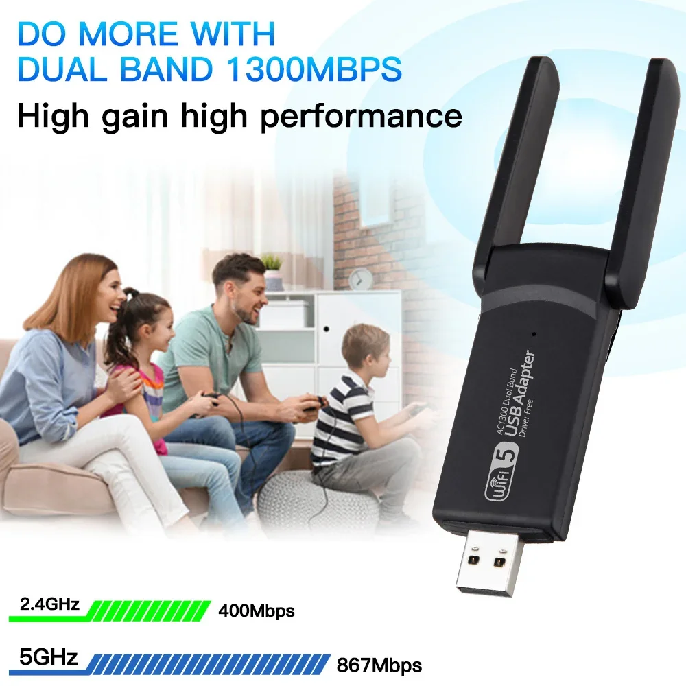 1300Mbps USB WiFi Adapter AC1300 WiFi 5 Ethernet Network Card Dual Band 5G 2.4G USB3.0 WiFi Dongle for PC Laptop WiFi Receiver