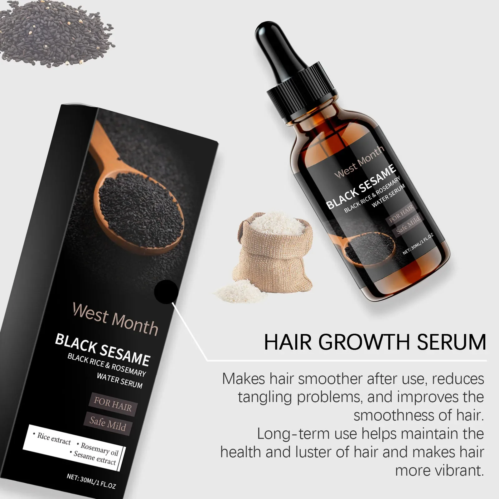Aceite fortalecedor del cabello de sésamo negro, mejora las puntas abiertas dañadas, reparación del Frizz seco, nutritivo, brillante, denso, suero para el cuidado del crecimiento del cabello