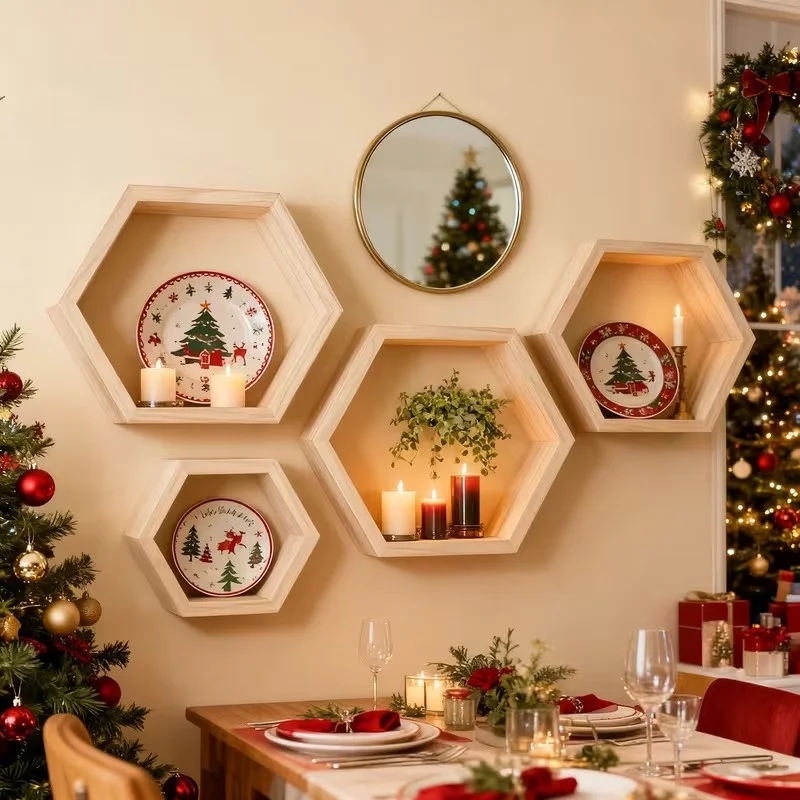 Latest Models Hexagonal Floating Shelves Wall-Mounted Wooden Storage Honeycomb Rack for Home Decoration Wall Mounted