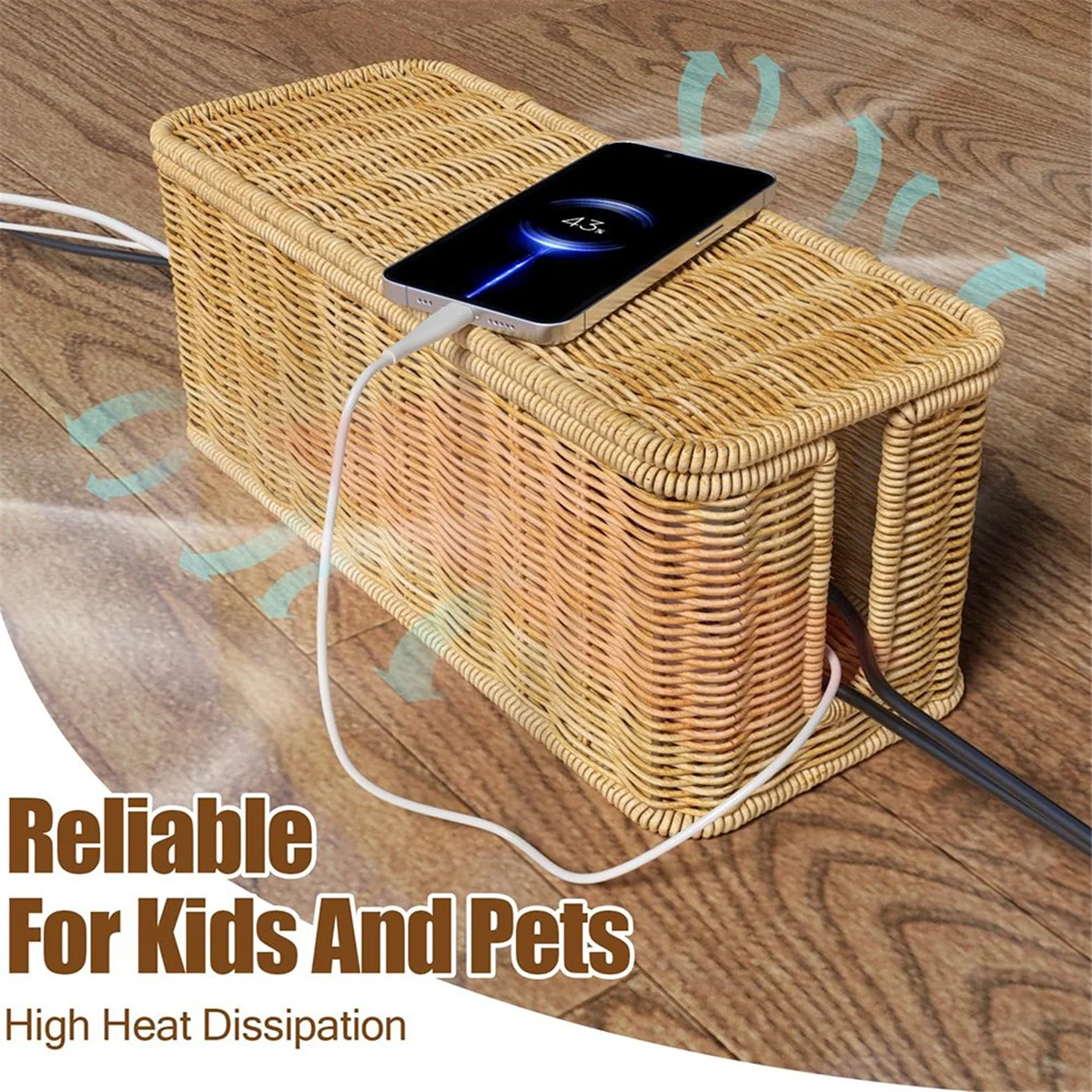 

AB06 Cable Management Box,Handwoven Imitation Rattan Cord Hider Organizer Box with Lid,2 Open Slots Cable Organizer Box