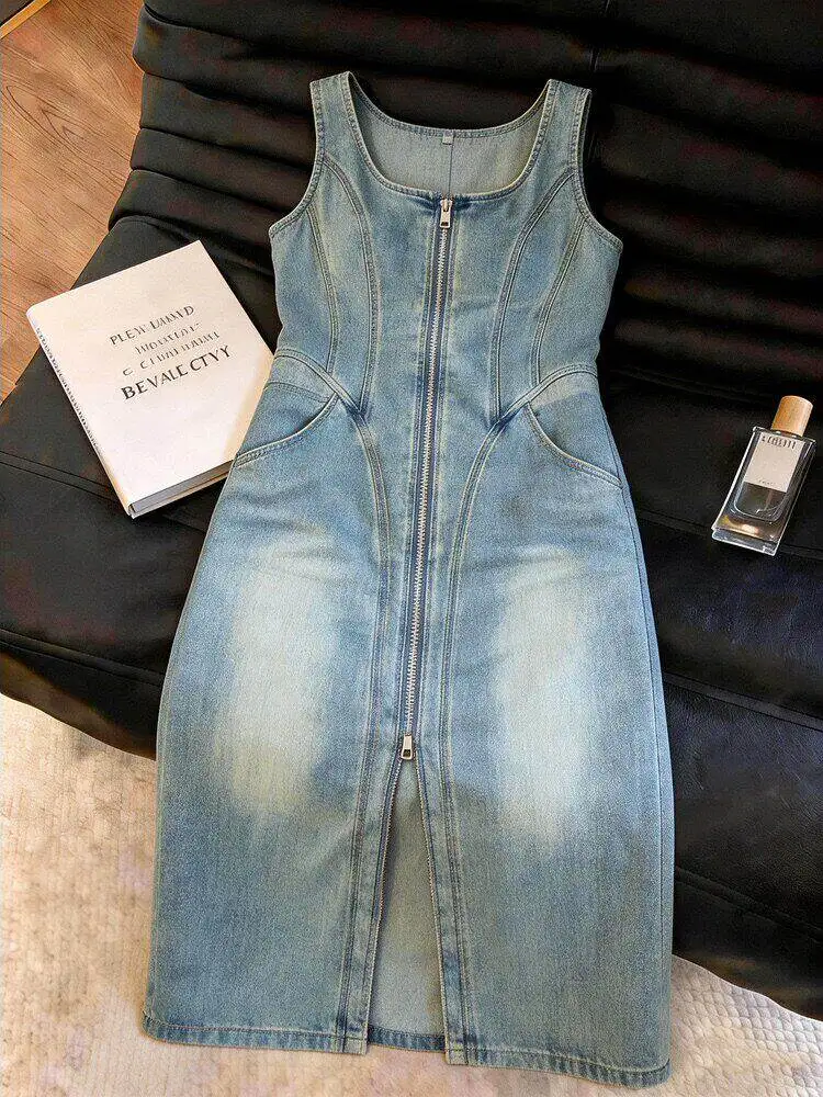Retro Denim Dress for Women Summer New Slim Waist Cinching Mid Length Dresses French Style Zipper Sleeveless Vest Dress
