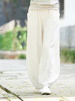 2024 Cotton Linen Bloomers Wide Leg Pants Women Vintage Full Length Fashion Elegent Pants Solid Elasitic Waist Spring Autumn 5XL - Image 5