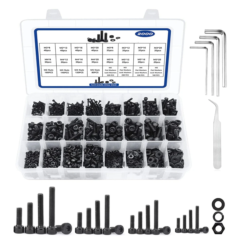 

2000Pcs screw set,Allen Hexagon Hex Socket Head cap Screw Bolts Washers Nuts M2M3M4M5*8/12/16/20 Assortment Kit 12.9 Alloy Steel