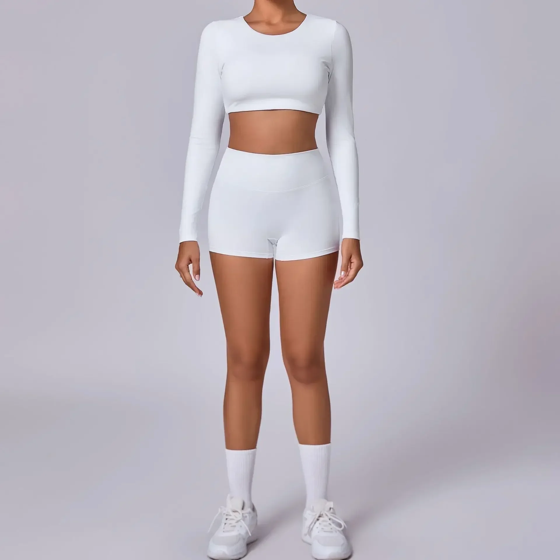 Conjuntos de Yoga sin costuras para mujer, pantalones cortos deportivos para Fitness, pantalones cortos para correr al aire libre, camisas de manga larga, trajes de entrenamiento, mallas de gimnasio