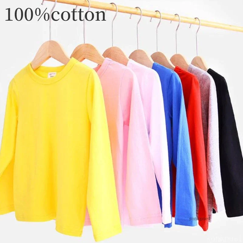 Autumn Spring Cotton Children T-shirt  Boys Girls Tees Long Sleeve White Shirt Kids Tops Baby Clothes Solid Black Pink Yellow