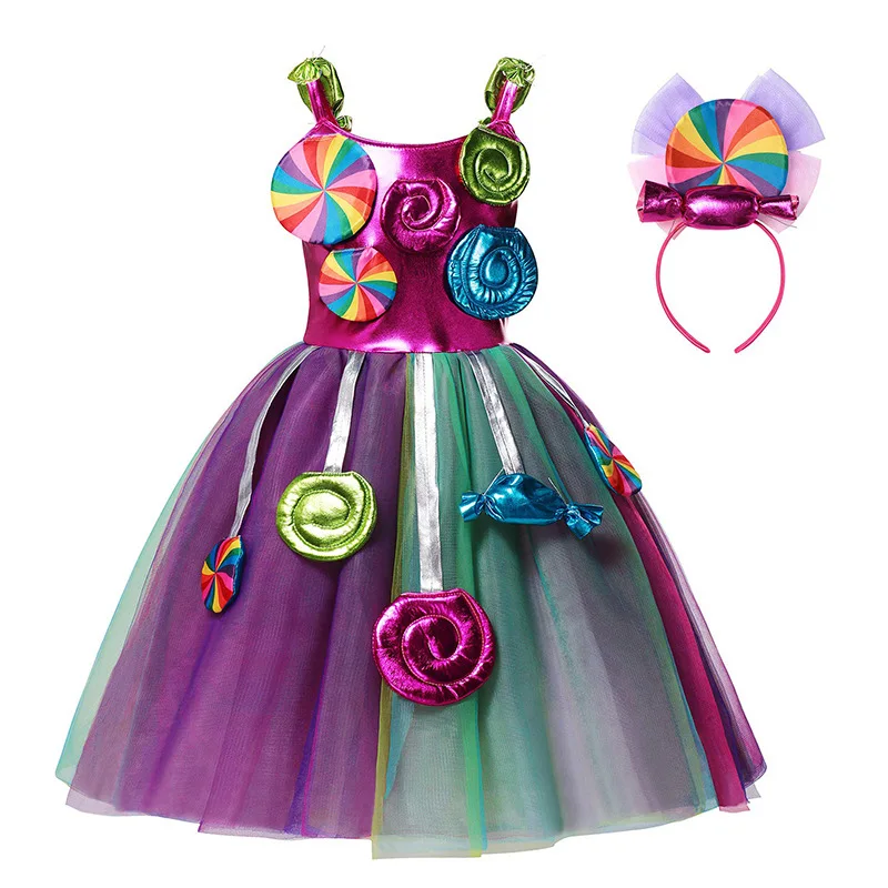 Girls Rainbow Lollipop Costume Princess Dress Purim Festival Candy Vestido Fancy Carnival Birthday Children Fantasy Wings Outfit