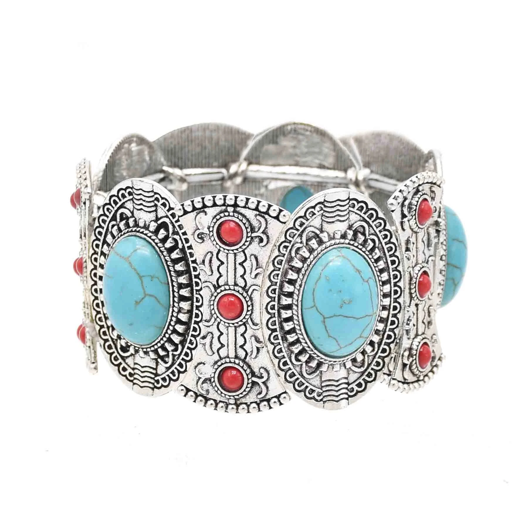 Bohemian Punk Gypsy Tibetan Vintage Metal Elastic Wide Bangles Bracelets Blue Stone Bead Statement Bracelet Handmade Women Party