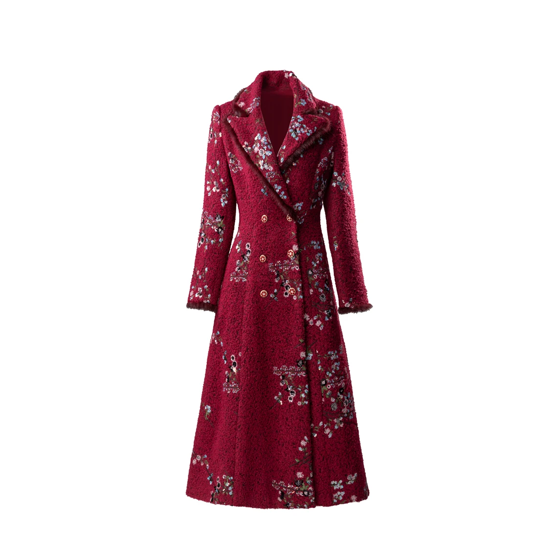 Splendido paillettes ricamate bordeaux - Cappotto maxi soffice rifinito con pelliccia - Colletto con risvolto rifinito per l'autunno/inverno S-4XL
