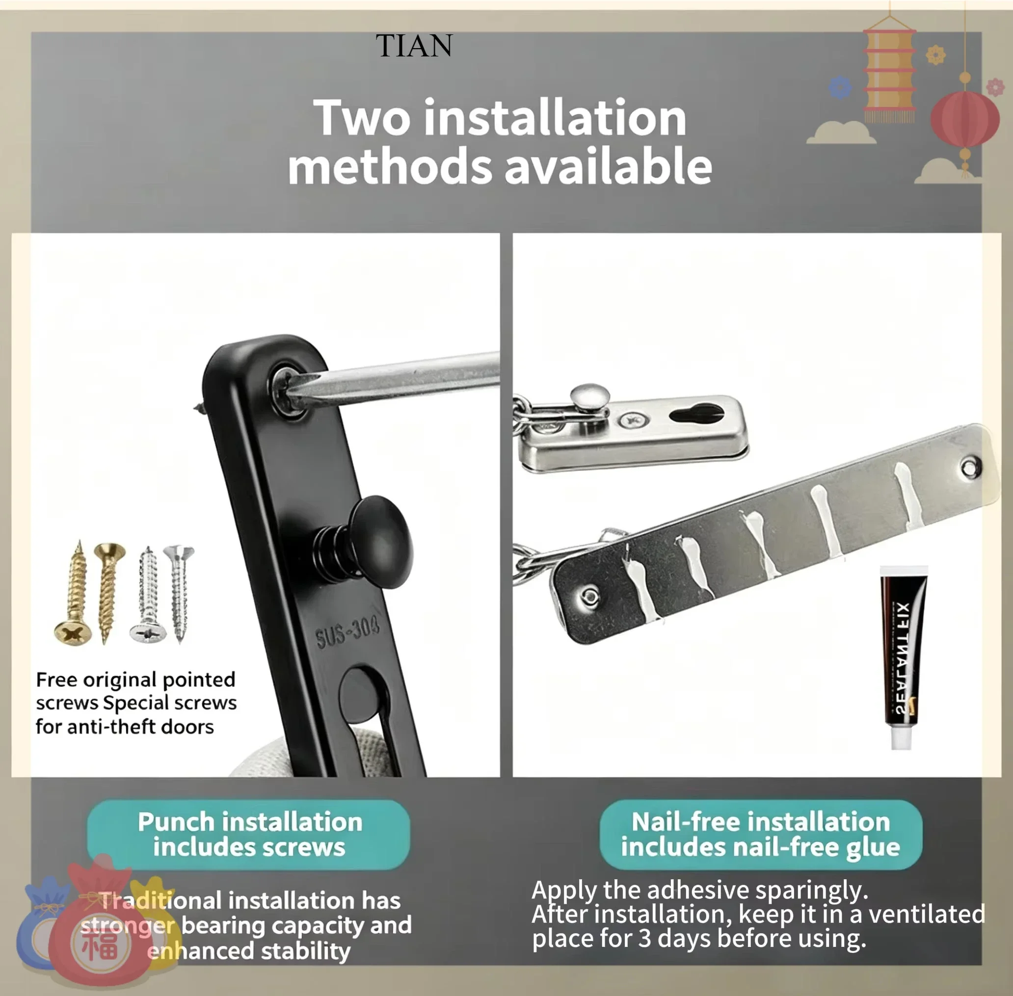 TIAN   Chain Door Guard Lock Security Safety Latch Lock with Spring Anti-Theft Press Lock Black