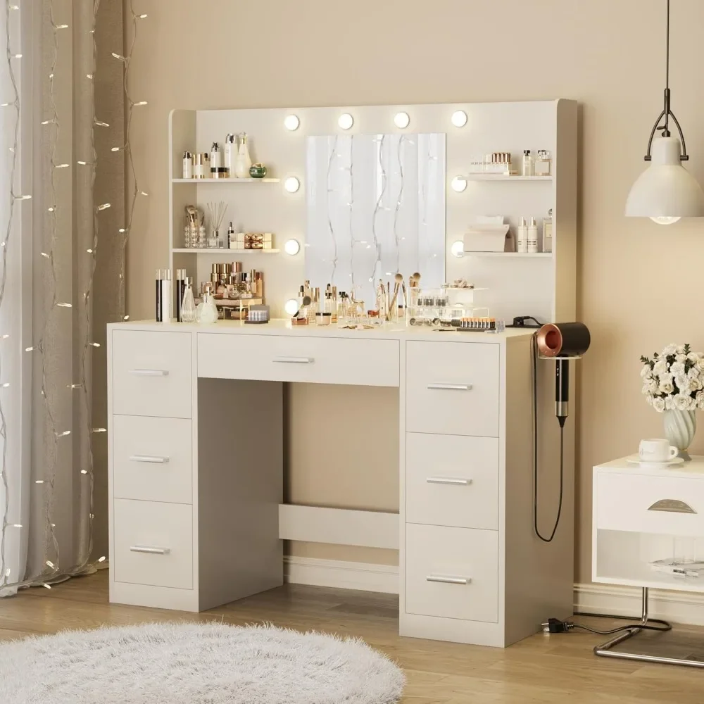 Dressing table with mirror LED light and power socket, equipped with 7 drawers and 6 storage shelves, dressing table (white)