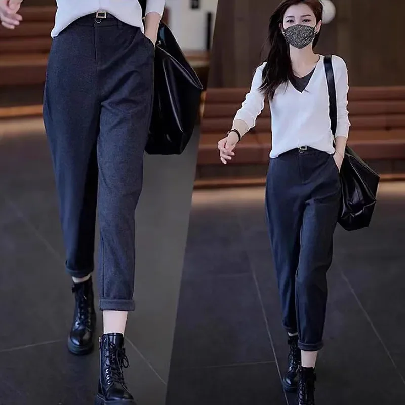 

Women's High-Waisted Suit Pants 2025 Spring Solid Button Casual Loose Ankle-Length Khaki Workwear Trousers Women