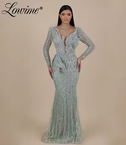 Sage Green Engagement Dresses V Neck Wedding Party Guest Dress Long Sleeves Arabic Formal Evening Gowns Prom Dress Customized