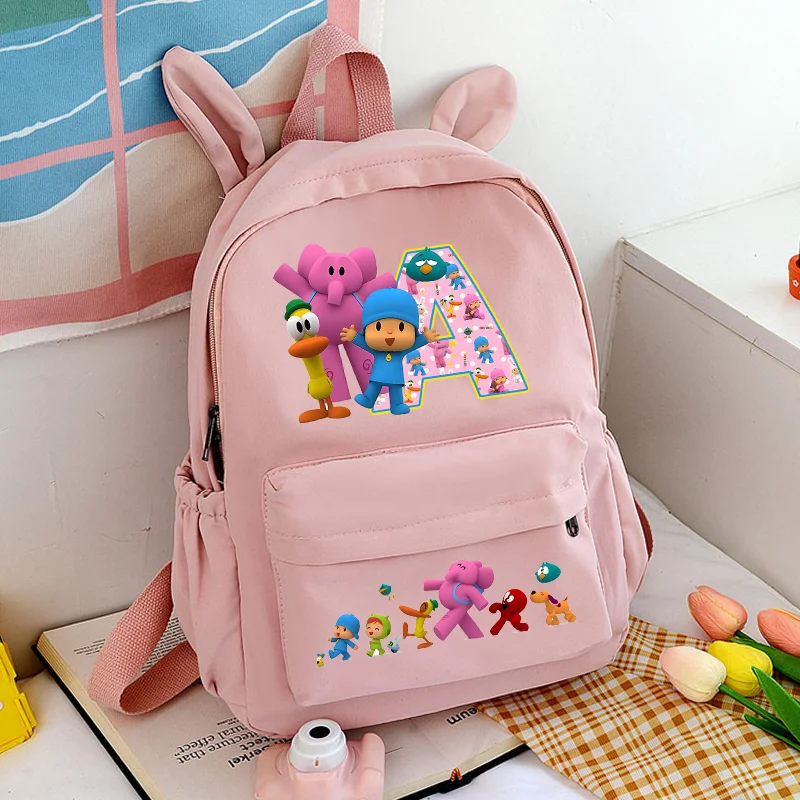 Pocoyos Backpack A-Z Letter Rabbit Ear Schoolbag Cartoon Kids Knapsack Student Large-capacity Bags Anime Partern Book Bag Gift