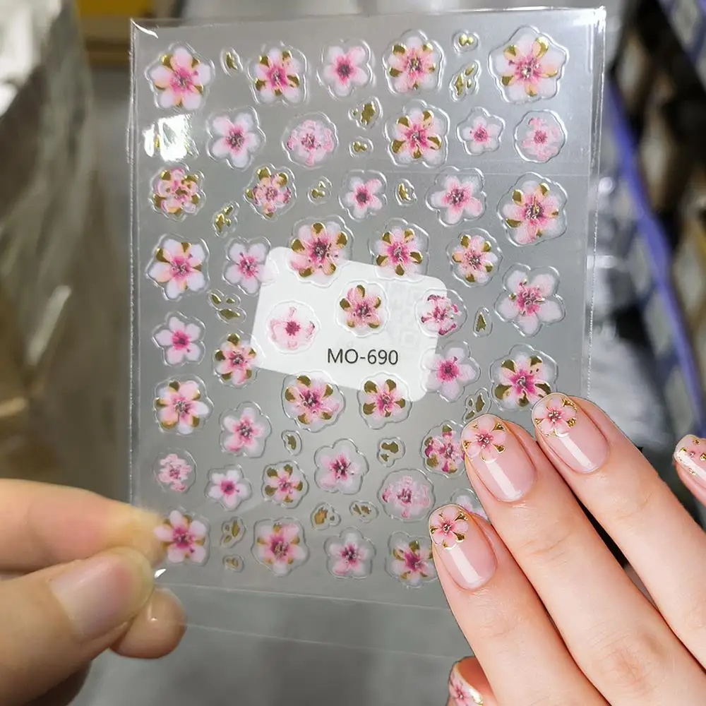 1/2Pc グラデーションピンクゴールド桜ネイルステッカーエンボス加工桜の花自己粘着ネイルデカール春の花ネイルアートデコレーション