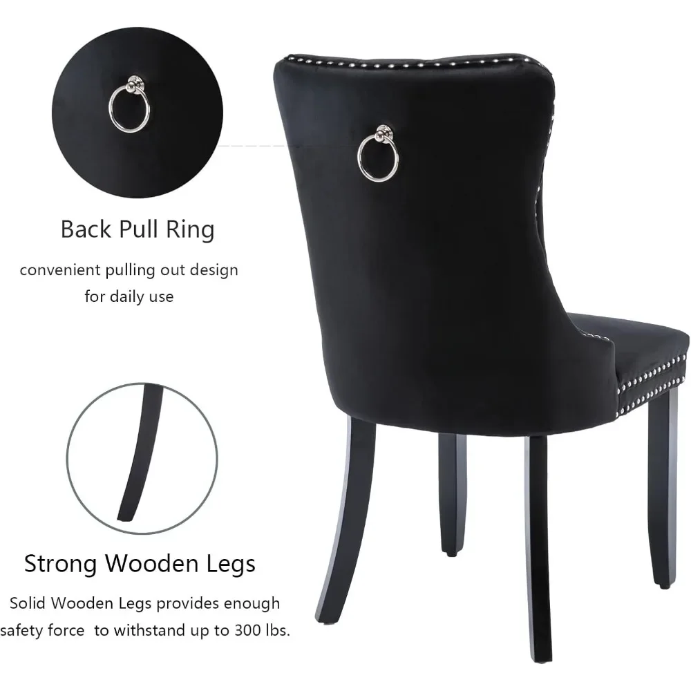 Conjunto de 4 cadeiras de jantar de veludo preto, cadeiras estofadas para sala de jantar com acabamento em anel e pernas de madeira maciça, cadeiras de jantar modernas