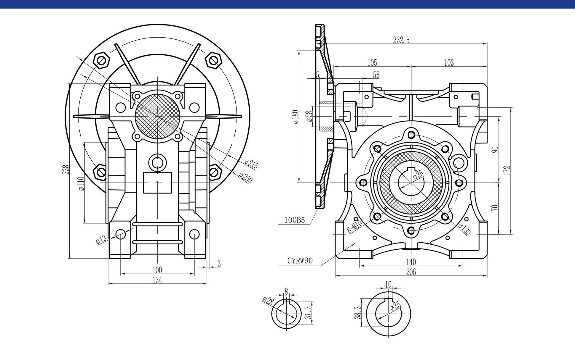 CHENYUE Worm Gearbox CYRW090 Gear Reducer  Input 19/24/28mm Flange80B5,80B14,90B5,100B14 Output 35mm Ratio 5:1-100:1