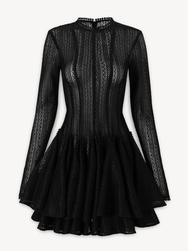 DEAT Elegant Dress Knitted O-neck Long Sleeve A-line Pleated Mini Women\'s Evening Party Dresses 2024 Autumn New Fashion 35Z959