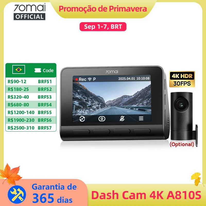 Câmera Veicular 70mai Dash Cam 4K A810S HDR IMX678 Supercapacitor 4G LTE Controle Remoto Wi-Fi 6 Controle por Voz GPS ADAS