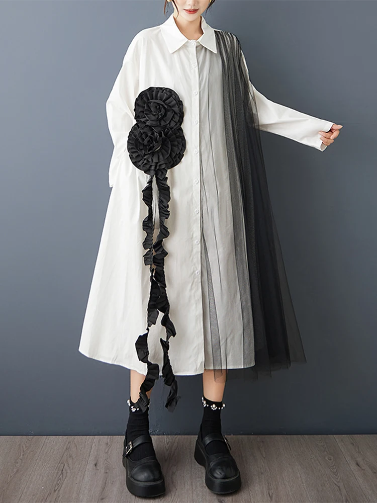 NYFS 2025 خريف جديد فضفاض حجم كبير خمر أسود اللون واحدة الصدر قميص فستان رداء قصير الأكمام غير النظامية فستان المرأة