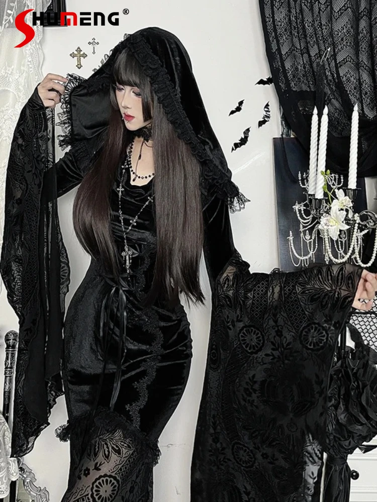 

Halloween Costume Dark Witch Cosplay Gothic V-neck Flare Sleeve Lace Patchwork High Waist Bodycon Black Mermaid Long Dress Women