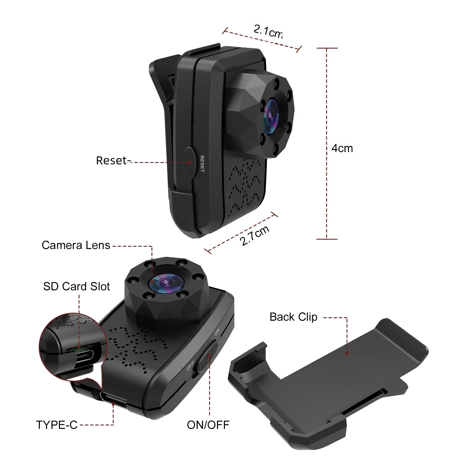 Mini Body Camera with 1080P HD Recording, Back Clip, Wearable Camcorder, Video Recorder with IR Night Vision, Body Cam for Home