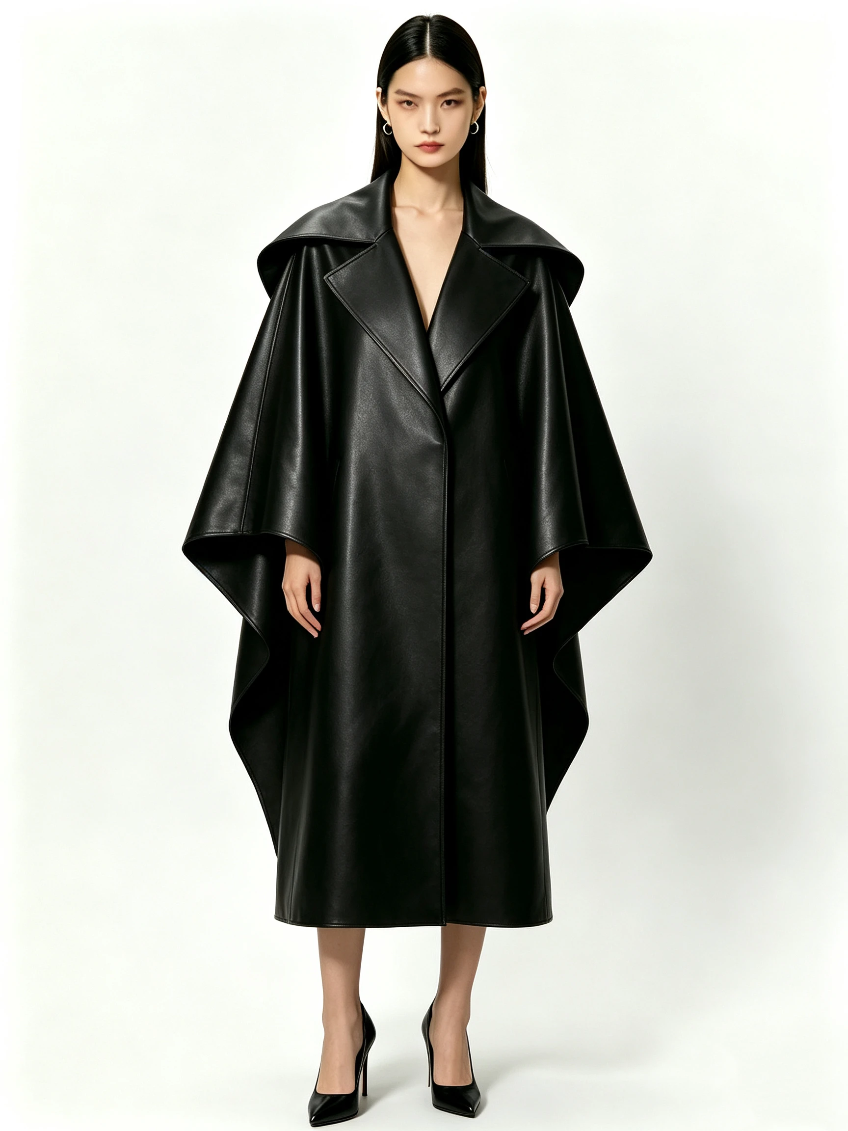 Women's Faux Leather Cape Coat with Oversized Shawl Collar and Midi Length