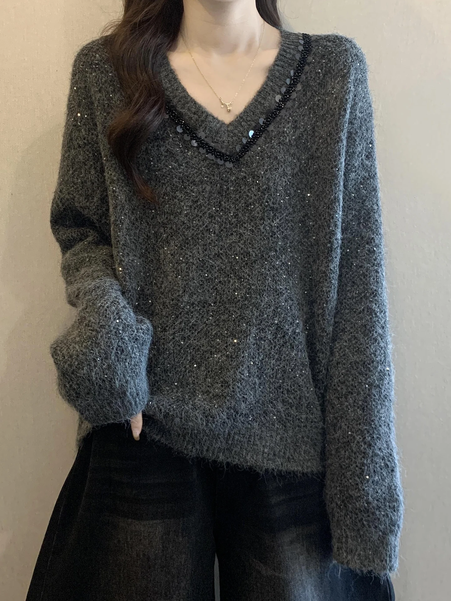 

Ele V-Ne Sequin Knit Sweater Women's Autumn Winter plus Size Slimming ort Inner Wear Comfortable Soft Long Sve