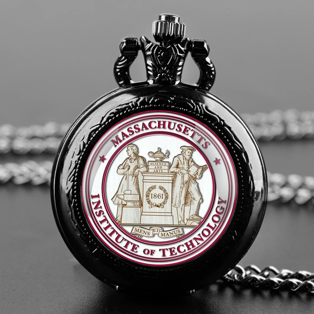 Massachusetts Institute of Technology Logo Quartz Pocket Watch with Chain Necklace Vintage Collection Gifts for Men Women