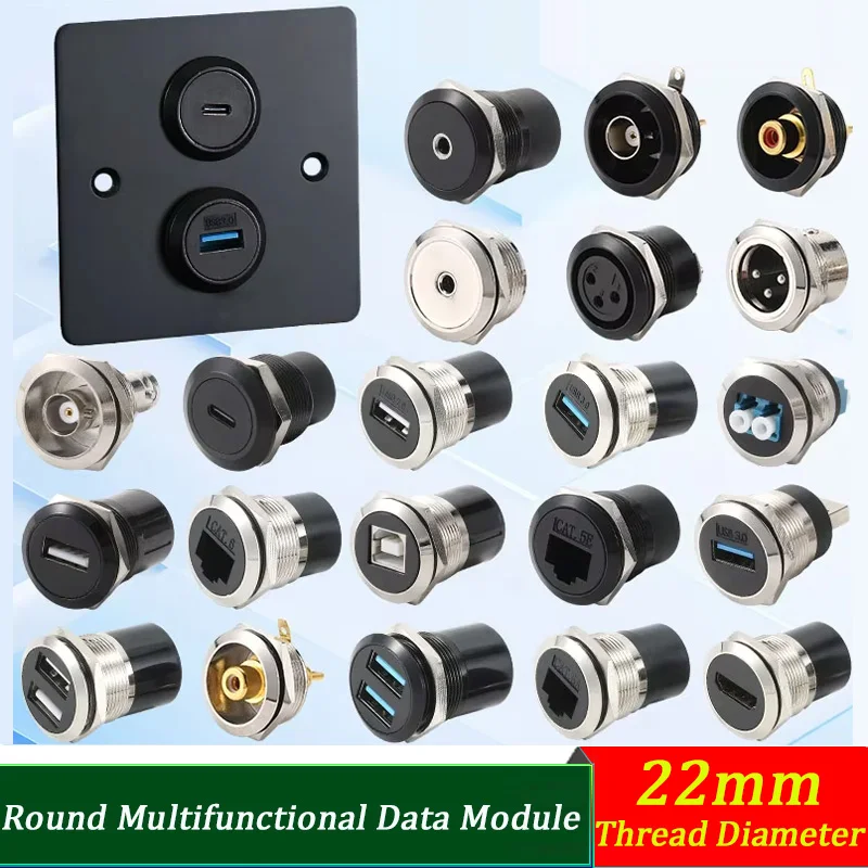 86-Type Circular Multi-Interface Panel Mount Adapter for CAT5E/CAT6/Type-C/HDMI/XLR/BNC/3.5mm/RCA