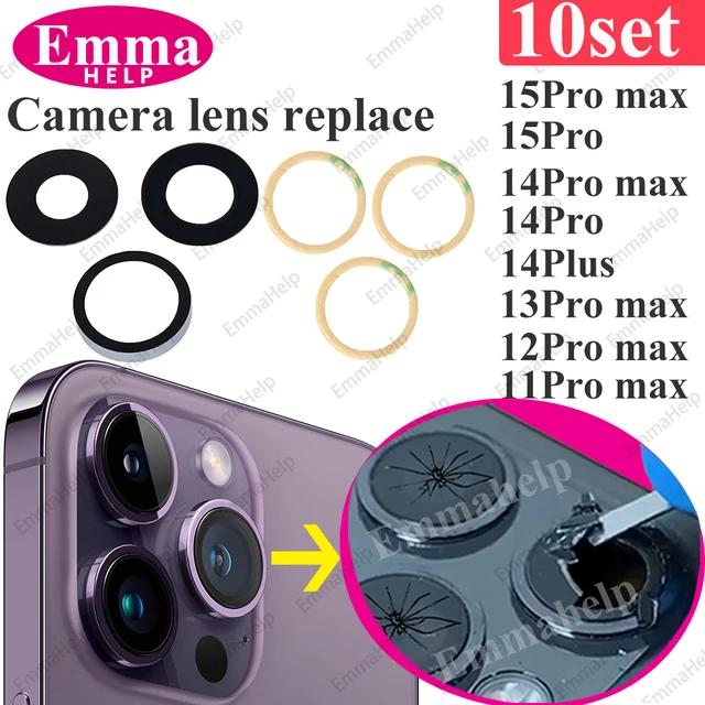 EmmaHelp 10 sztuk Szkło tylnej kamery do iPhone 15 14 13 XR X XS SE 7 8 11 12 Pro Max, zamiennik osłony obiektywu tylnej kamery, naklejka A+