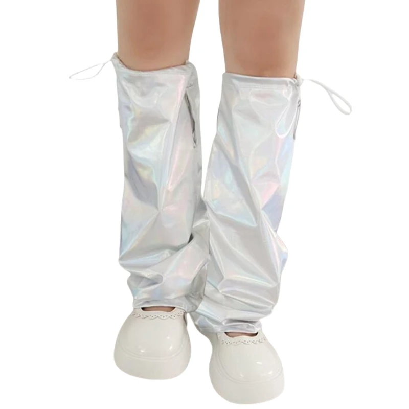 SZL Harajuku Glittering Metallic Leg Cover with Drawstring Motorcycle Punk Flared Baggy Long Socks Leg Warmer for Women